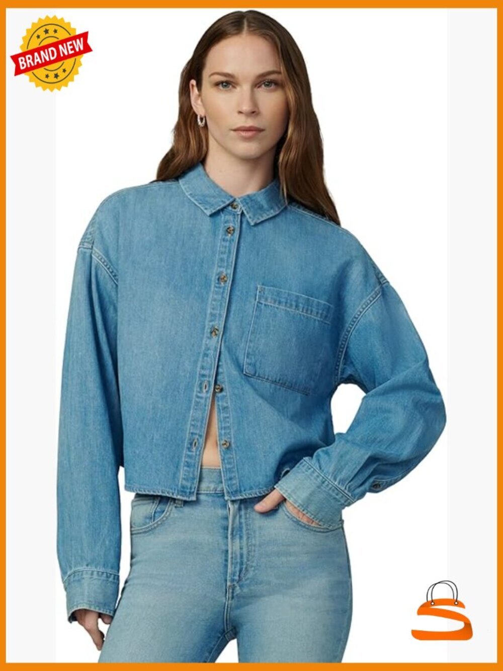 Cropped Boyfriend Button Down Shirt Denim Rigid Single Pocket Box Pleat Hip
